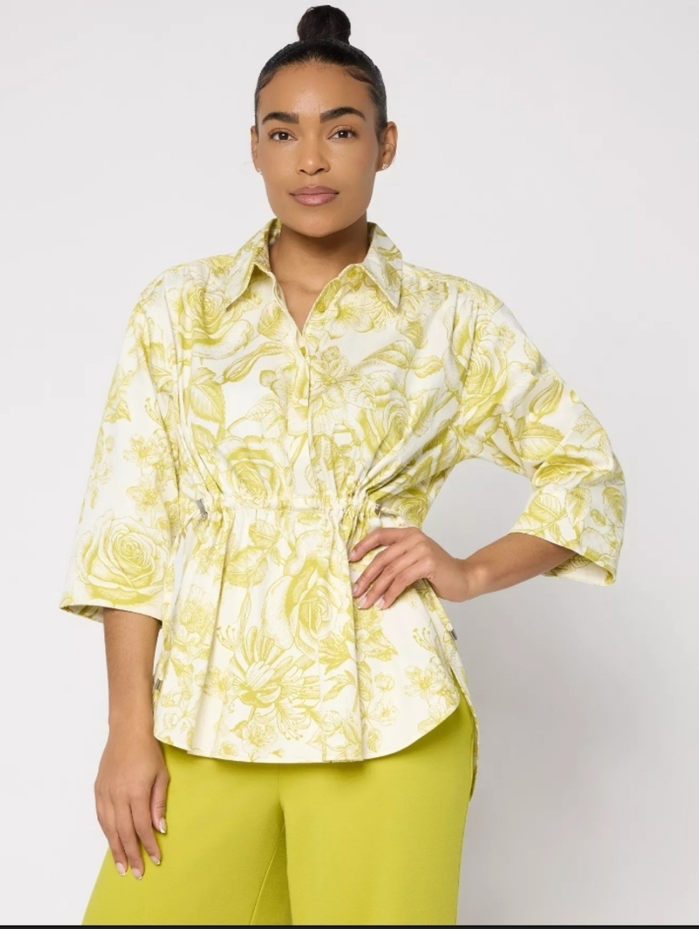 Carla Rockmore Collection Yellow Floral Cinch Waist 3/4 Slv Shirt Size XL